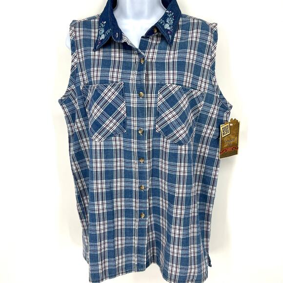 Vintage NWT Stock Northwest Blue Sleeveless Womens Plaid Button Up Embroidered M - Picture 1 of 8